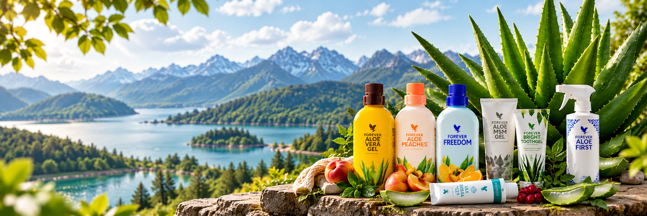 Alpensee mit Aloe-Vera-Pflanzen und einer Auswahl an Forever-Produkten