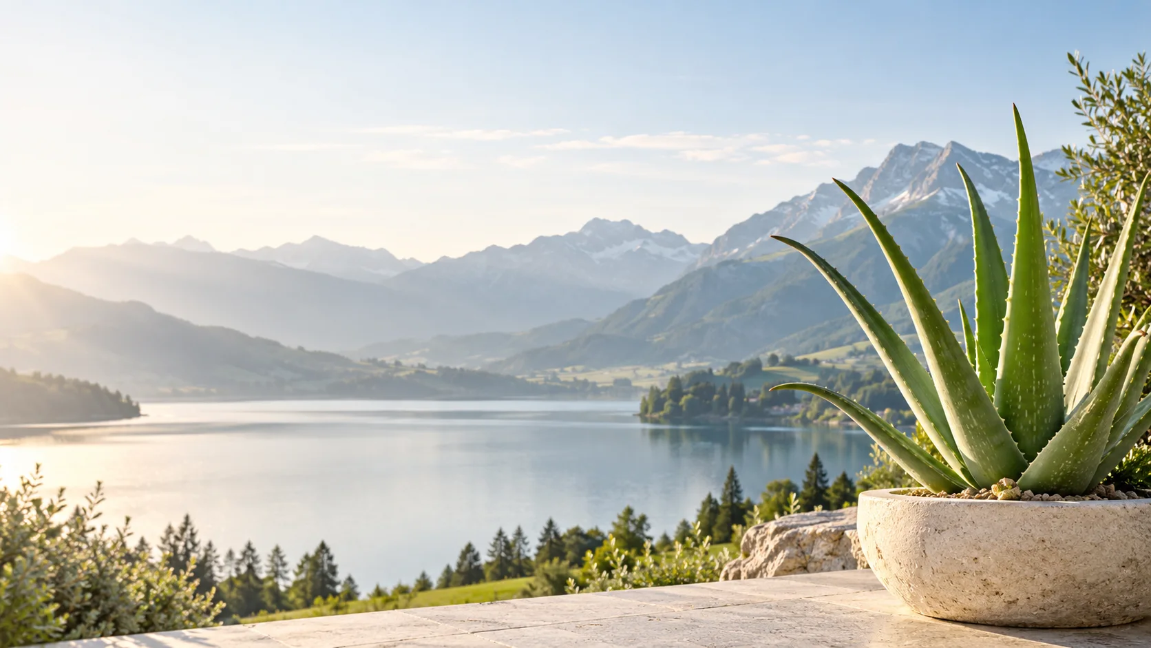 Aloe-Vera-Pflanze vor einem ruhigen Alpensee