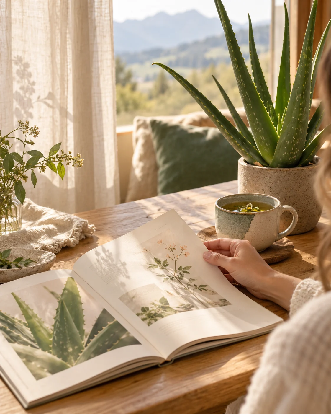 Aloe Vera, eine Tasse Tee und ein aufgeschlagenes Magazin in warmem Morgenlicht